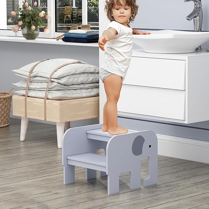 Wood Step Stools for Kids, Child Two Step Stool of Elephant Shape, Toddler Step Stools Potty Training Stool, Easy to Move Safety for Kitchen, Bathroom, Bedroom, Toilet