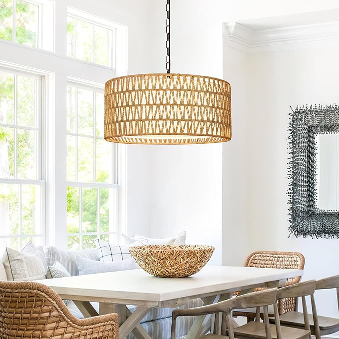 Farmhouse Chandeliers for Dining Room, Hand Woven 5-Light Rattan Pendant Light, Boho Rattan Chandelier with Linen Shade, Rustic Hanging Lighting for Bedroom and Kitchen Island (Bulb Not Included)