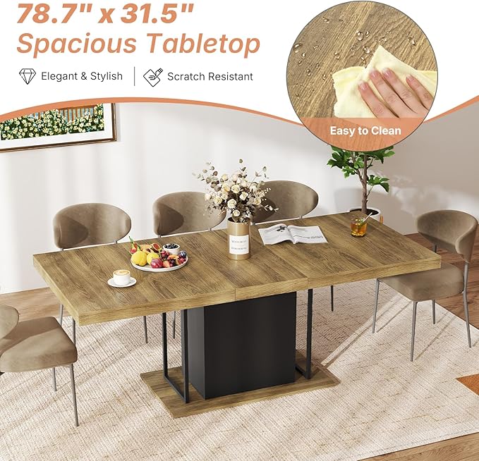 63"-78.7" Expandable Dining Tables, 6-10 Farmhouse Kitchen Table, Extendable Dining Room Table, Rectangular Thick Top with Metal Track, Central Column Base for Living Room, Office-Brown