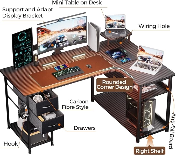GTPLAYER L Shaped Desk with Drawers, Carbon Fiber Style Computer Desk with Monitor Shelf, Black Small L Shape Desk with Adjustable Open Storage Shelf, Corner PC Table for Small Space Home Office