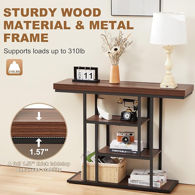 HABUTWAY 42" Industrial Entryway Table, Narrow 4-Tier Wood Console Table for Living Room, Accent Tables Living Room, Sofa Table for Front Door, Hallway, Foyer, Rustic Brown