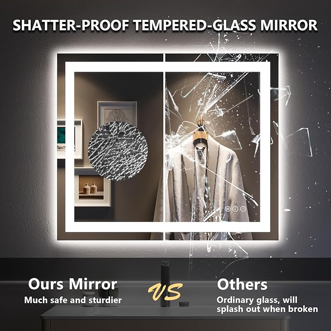 36x30 Inch LED Bathroom Mirror with Lights Front and Backlit Lighted Vanity Mirror for Bathroom Wall with 3 Colors Dimmable Anti-Fog Memory Shatter-Proof IP54 Waterproof Horizontal/Vertical