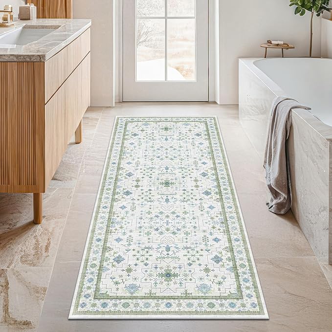 Cream Green and Blue Turkish Bathroom Runner 2x5 - Oushak Vintage Boho Floral Pastel, Washable Low Pile Non Slip Stain Resistant Small Throw Rug for Kitchen, Bedroom, Laundry