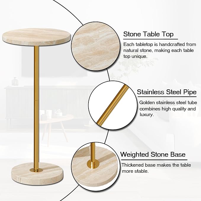 Φ9.8-inch Marble Round Drink Table, Stone Finish Pedestal End Table for Living Room, Weighted Base Small Accent Side Table for Small Space Office - Beige