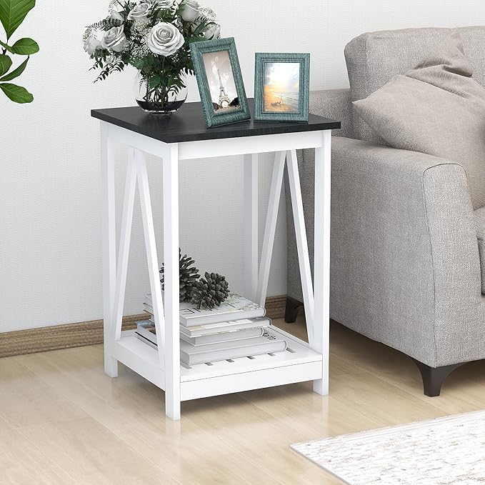 Farmhouse Square End Table, Accent Side Table with Slats Design, Sofa Side Table with Sturdy Frame for Living Room, Oak Black