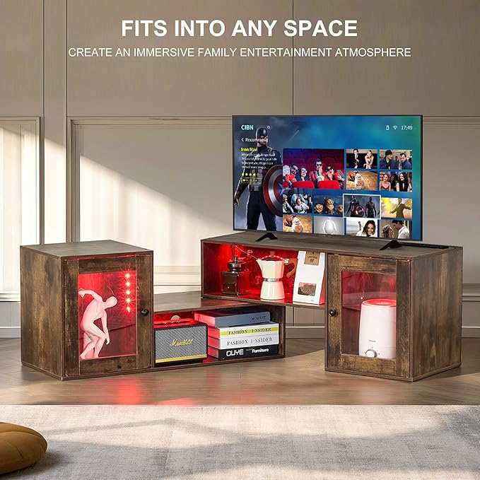 VECELO LED TV Stand for Televisions up to 70 Inchs Modern Entertainment Center with Storage, Media Console with 23 Flashing Options and 4 Customizable Modes for Living Room, Bedroom, Brown