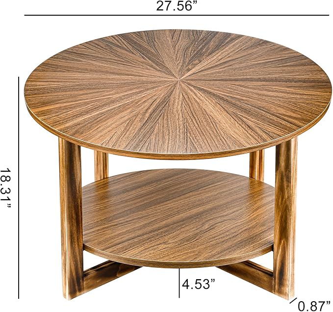 Coffee Tables for Living Room, Small Round Coffee Table with Storage, Mid Century Modern Solid Wood Coffee Table, Rustic Wooden Circle Center Table Living Room Furniture, Brown Tea Table