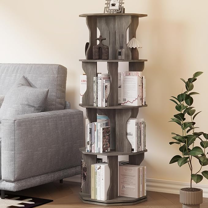 4 Tier Rotating Bookshelf, Spinning Bookshelf Tower Lazy Susan, Corner Revolving Storage Rack for Bedroom, Study Room, Kids Room, Living Room, Office, Gray