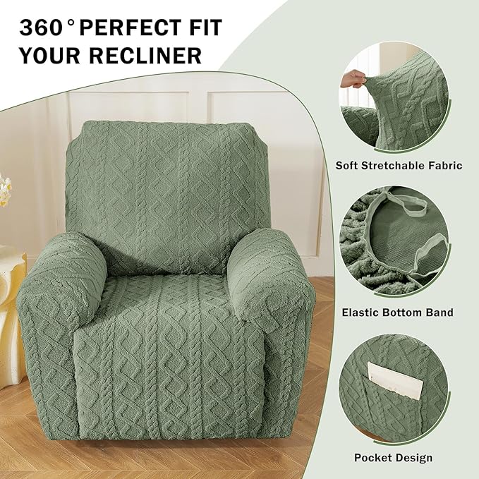 vctops Christmas Green 4 Pieces Geometric Jacquard Plush Recliner Slipcovers Soft Fuzzy Fluffy Sofa Couch Cover Anti-Slip Furniture Protector with Elastic Bottom for Kids Cats Dogs(Green,1 Seat)