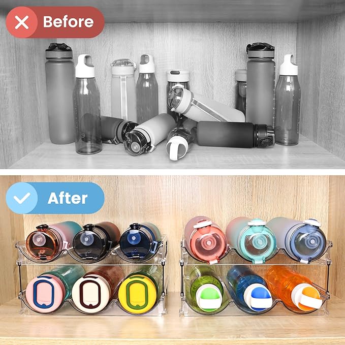 Water Bottle Organizer for Cabinet, 4 Pack Water Bottle Organization and Storage Shelf, Plastic Water Bottle Holder Rack for Fridge, Kitchen, Desktop