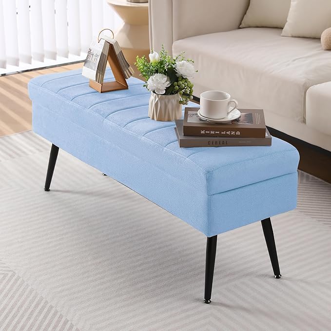 CUYOCA Storage Ottoman Bench, 43.5" Upholstered Entryway Bench, Long Ottoman with Storage for Living Room, Support 660lbs - Fabric Lagoon