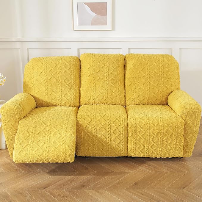 vctops 8 Pieces Geometric Jacquard Plush Recliner Sofa Covers Soft Fuzzy Fluffy 3 Seats Couch Cover Anti-Slip Sofa Slipcover Furniture Protector with Elastic Bottom for Kids Pet(Yellow,3 Seat)