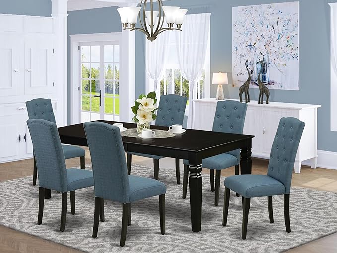 East West Furniture LGCE7-BLK-21 7 Piece Modern Dining Set Consist of a Rectangle Dining Table with Butterfly Leaf and 6 Mineral Blue Linen Fabric Upholstered Chairs, 42x84 Inch, Black
