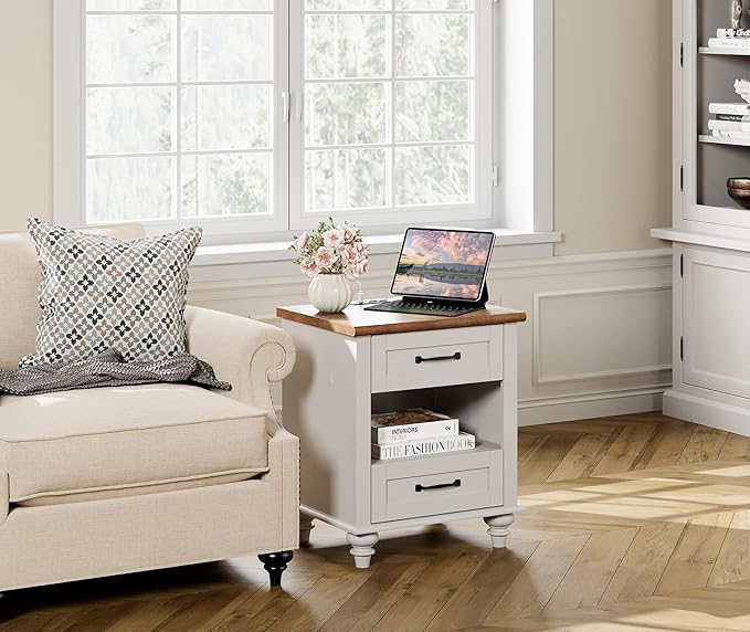WAMPAT White Side Table with 2 Drawers & Charging Station, Mid Century Nightstand for Bedroom with Power Outlets & USB Ports, Wooden Bedside Table Night Stand with Shelf for Living Room, Antique White
