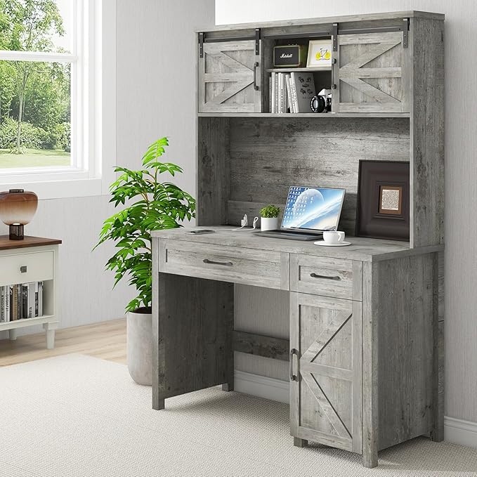 Farmhouse 47" Executive Desk, Computer Desk with Drawers and Storage Cabinet, Workstation with Hutch for Home Office