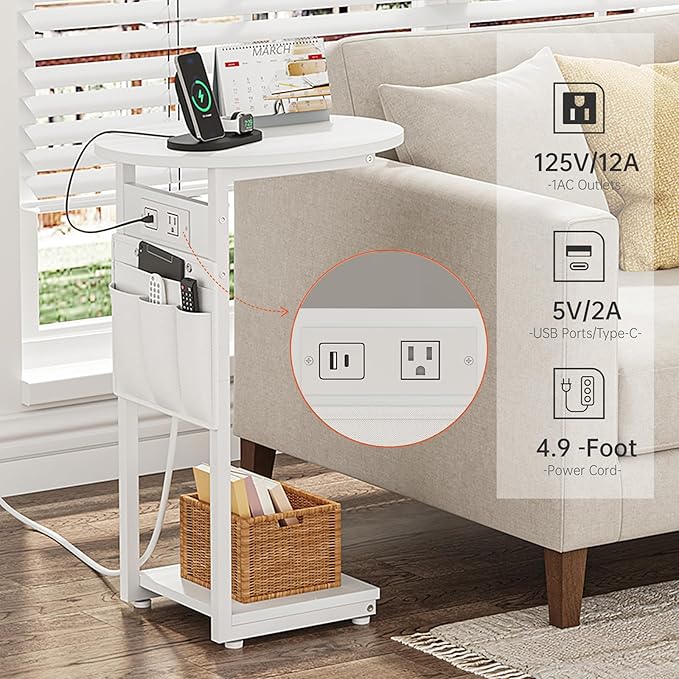 Vagusicc C Shaped End Table with Charging Station, Small Side Table for Couch, TV Tray Slide Under Sofa Table for Living Room and Bedroom, C Table Round Couch Side Table, White
