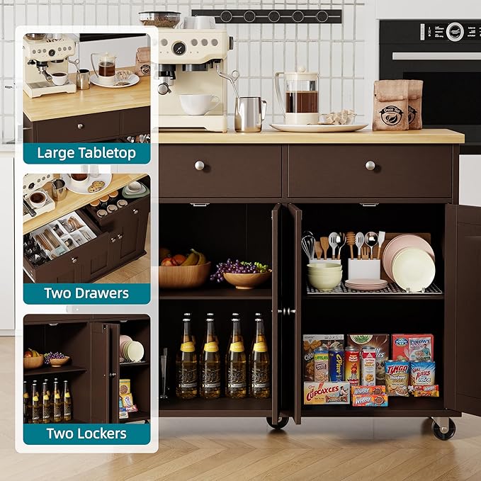 Shintenchi Kitchen Island with Drop Leaf, Rolling Kitchen Cart with Storage on Wheels, Table Bar Cart for Kitchen with Towel Rack & Seating Area for Dining Room, Brown