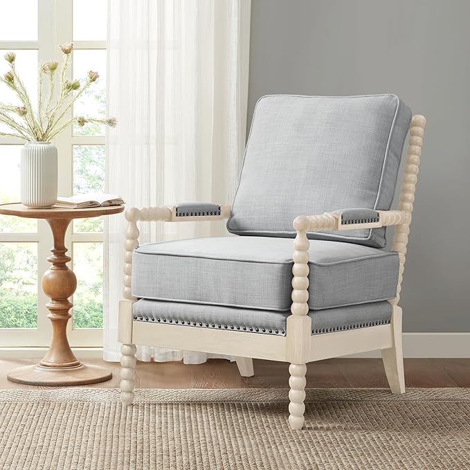Madison Park Accent Chairs for Living Room Farmhouse Modern Armchair, Solid Wood, Antiqued Finish, Upholstered Seat Removable, Bedroom Lounge for Reading, 25.5" W, Light Blue/Antique Cream