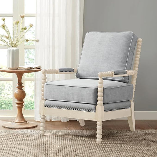 Madison Park Accent Chairs for Living Room Farmhouse Modern Armchair, Solid Wood, Antiqued Finish, Upholstered Seat Removable, Bedroom Lounge for Reading, 25.5" W, Light Blue/Antique Cream