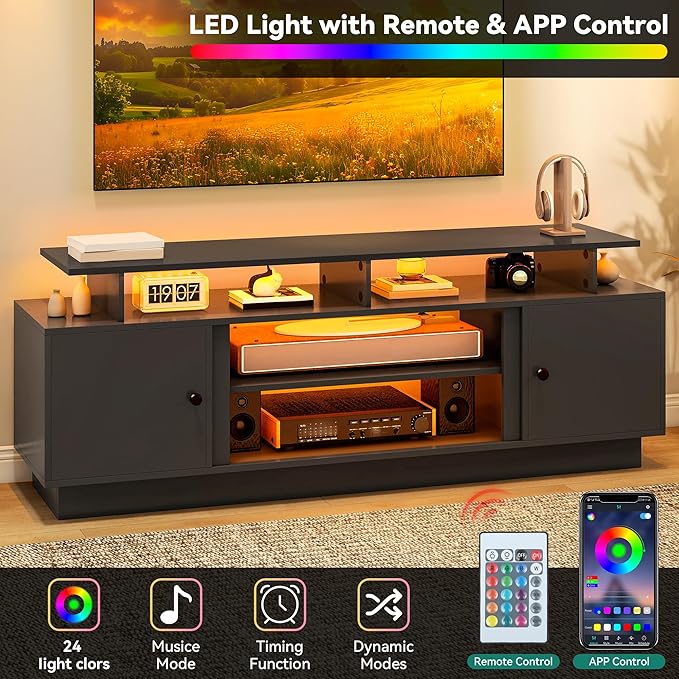 YITAHOME Modern TV Stand with LED Lights for up to 80 Inch TVs, Entertainment Center with Storage Cabinets & Movable Partition for Living Room (Black)