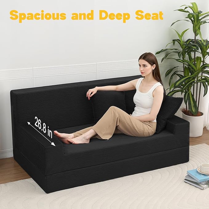 MeMoreCool Boneless Folding Sofa Bed Queen, Corduroy Convertible Sleeper Chair, Foldable Foam Mattress Chair, Comfy Fold‑Out Futon Couch Bed, Large Floor Sofa Couch for Living Room Guest