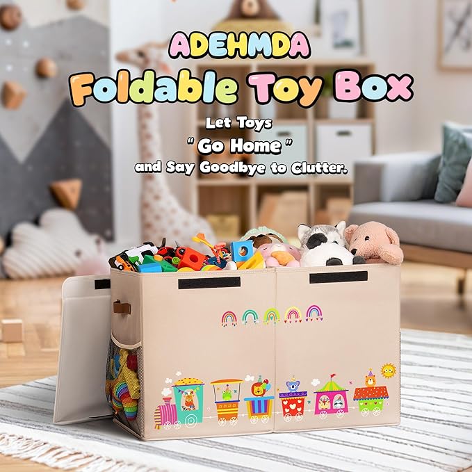 80L Large Toy Storage Box with Lid, Large Toy Box Chest for Kids, Girls and Boys, Nursery Room and Living Room, 26"x13" x16" (Dark Khaki-train)