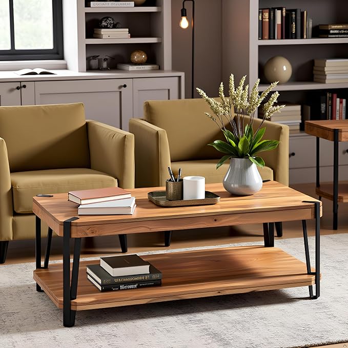 Alaterre Furniture Ryegate 48" Live Edge Wood Coffee Table â€“ Solid Acacia with Metal Frame, Industrial Modern Design, Rustic Rectangle Table with Clear Finish for Living Room or Lounge