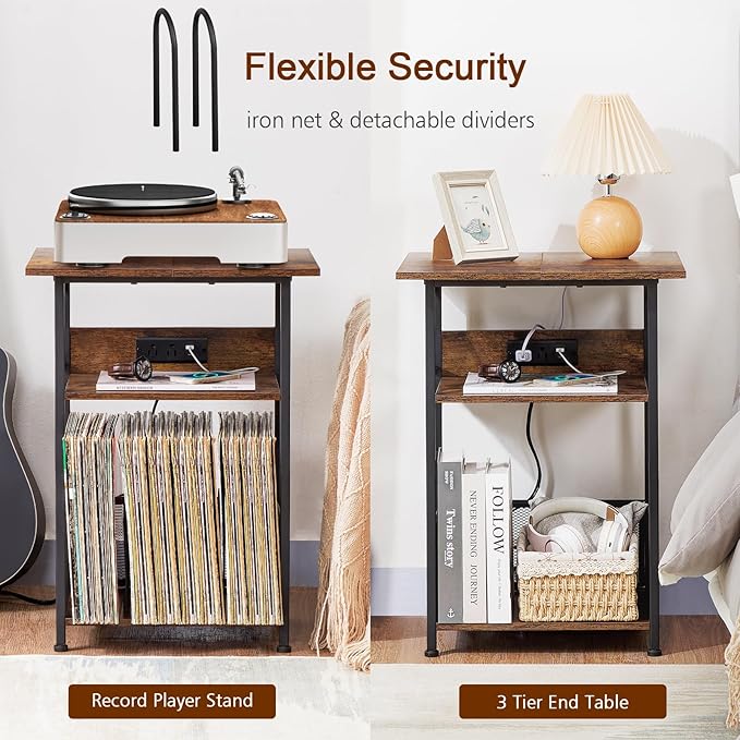 AMHANCIBLE Record Player Stand with Charging Station, Large Turntable Stand with Storage Cabinet, 3 Tier End Table Hold Up to 100 Albums, Record Stand for Vinyl, Living Room, Brown, HETCD012BR-1