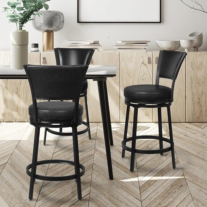 Bar Stools, 25 Inch Metal Counter Height Barstools Set of 2, Faux Leather Round 360° Swivel Bar Chairs with Backrest, Modern Swivel Bar Stool for Kitchen Island, Black