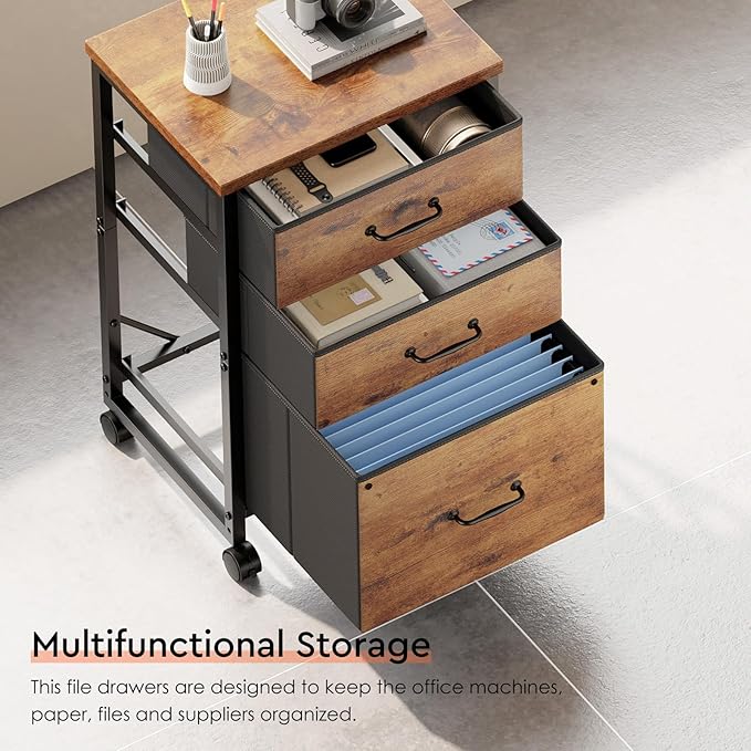 3 Drawer Mobile File Cabinet with Wheels Fabric Vertical Filing Cabinet fits A4 or Letter Size for Home Office,Rustic Brown2