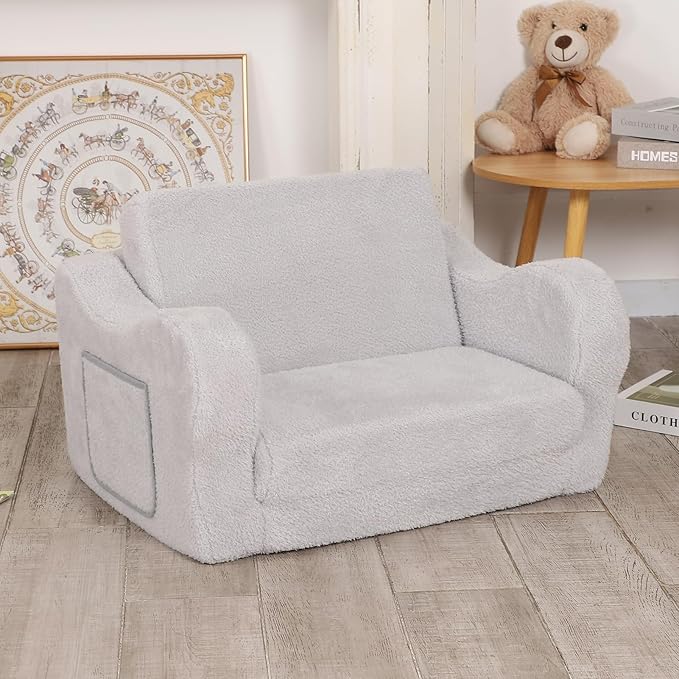 Comfy Toddler Chair, 2-in-1 Toddler Couch Fold Out, Convertible Sherpa Sofa to Lounger for Boys & Girls, Grey