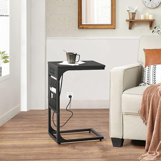 TUTOTAK C Shaped End Table with Charging Station, Side Table for Sofa, Couch Table with Storage Bag, Set of 2, TV Tray Table with 2 USB Ports and Outlets for Living Room, Bedroom, Black TB01BK0242