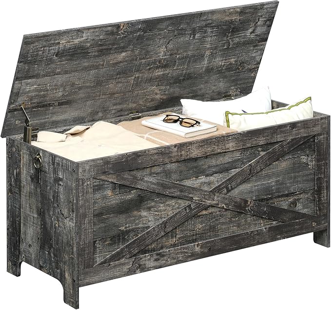 43.3" Toy Chest, Sturdy Entryway Storage Chest with Safety Hinges, Retro Toy Box, Wooden Look Accent Furniture for Living Room, Bedroom, Vintage Gray SCRP48501