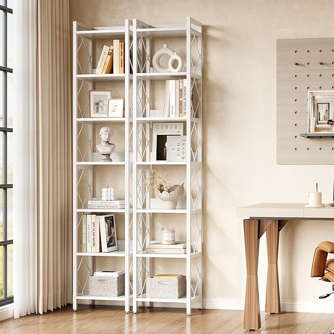 LITTLE TREE Book Shelf Set of 2, 7-Tier Tall Bookcase, Wooden Display Shelves with Metal Frame for Living Room, Modern Narrow Standing Bookshelves for Bedroom, White Office Shelf for Small Spaces