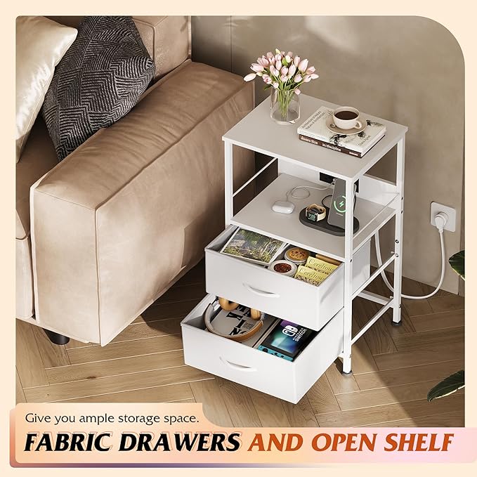 WLIVE White Night Stand with Charging Station, LED Nightstand with 2 Fabric Drawers and Storage Shelf, Dorm Bedside Table End Table with 2 USB Ports and Outlets, Small Dresser for Bedroom, Living room