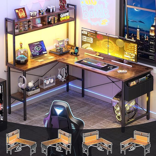 Aheaplus L Shaped Desk Gaming Desk, 59" L Shaped Computer Desk with LED Light & Power Outlet, Reversible Home Office Desk Gamer Desk with Shelves & Storage Bag & Hooks, Corner PC Desk, Rustic Brown