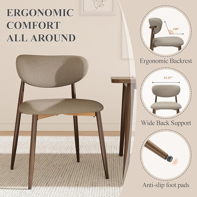 Dining Chairs Set of 6, Ergonomic Fabric Upholstered Seating with Wood Look Metal Legs and Anti Slip Pads, for Home and Restaurant Use, Camel