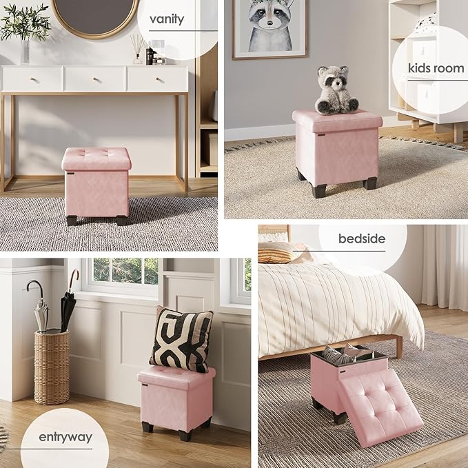 STORAGEBUD Storage Ottoman Cube with Small Bin, 16-in Square Ottoman with Storage for Living Room and Bedroom, Small Ottomans Foot Rest, Faux Leather Foot Stools Ottomans Max 330lbs, Pink