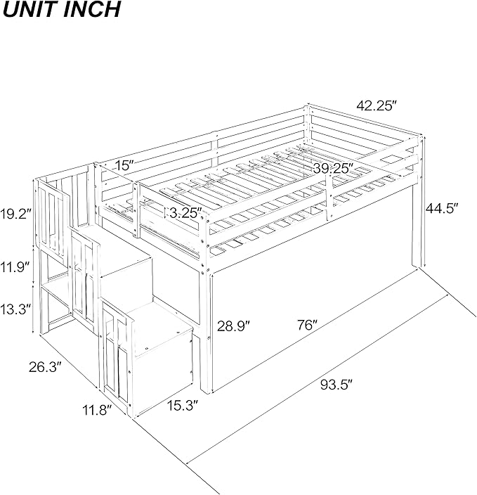 HomSof Loft Bed with Stairs and Storage,Gray