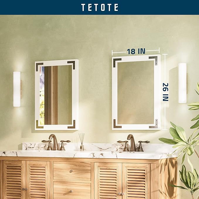 TETOTE 18 x 26 White Wood Mirror for Bathroom Wall/Bedroom/Living Room/Entryway Farmhouse Rustic Wall Mirror Waterproof (Horizontal/Vertical Mounted)