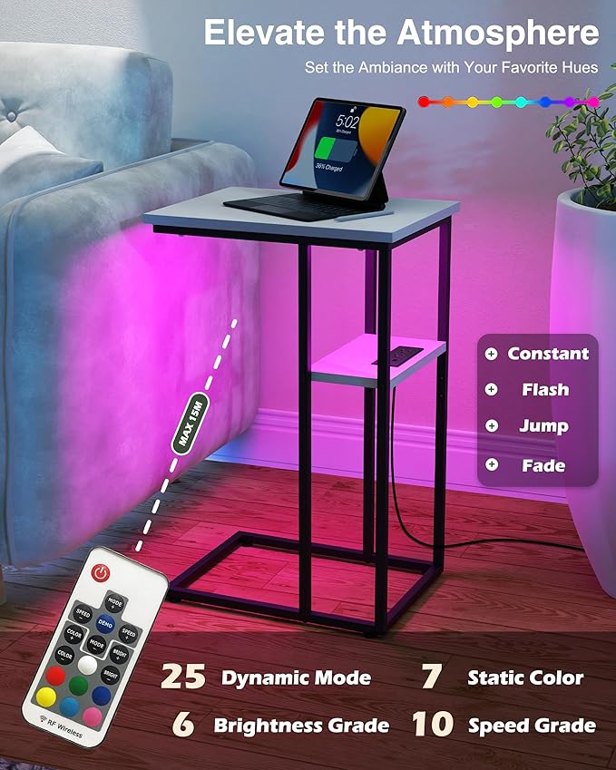 Innerjoin Side Table with Charging Station Set of 2, C Shaped End Table with LED Light Strip, Fast Charge USB A&C Ports, Small Sofa Snack Laptop Side Table for Living Room Bedroom, White