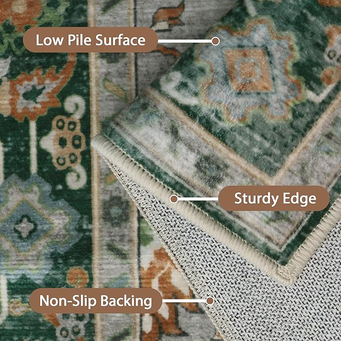 GENIMO 8x10 Area Rugs for Living Room, Machine Washable Non Slip Vintage Rugs, Low Pile Lightweight Chenille Print Rug for Bedroom, Dining Room, Home Office,Pine Green