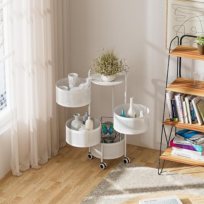 JAQ Rotating Storage Shelves Rack for Kitchen, 4-Tier Multi Layer Removable Basket Shelf Organizer on Rolling Wheels for Fruit Vegetable Grocery Corns Potato Onion (4-Tier, White)