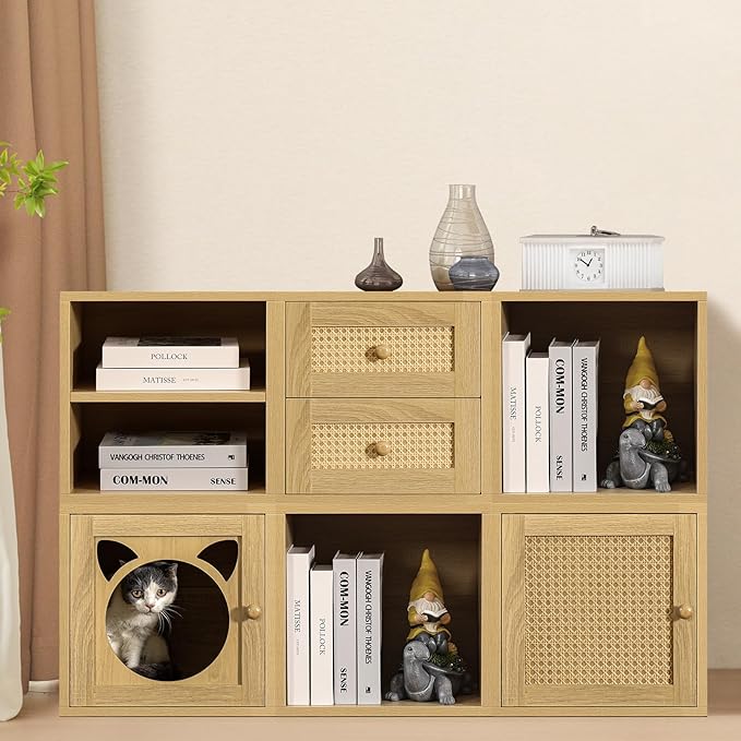 Magic DIY Cube Storage Organizer Stackable Cubes for Home Books Clothes Toy -Modular Cubby Storage System -Closet Organizer -Bookcase Closet(Yellow Oak,Cat Door Cube)