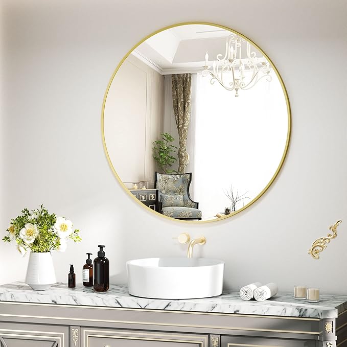 Round Mirror 29.6" Black Wall Mounted Circle Mirrors Vanity Mirror with Aluminum Alloy Frame Modern Decoration for Bathroom, Living Room, Vanity, Bedroom, Entryway
