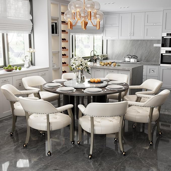 LEEMTORIG Large Dining Chairs with Casters and Arms, Rolling Dining Chairs with Wheels, Accent Game Poker Table Chairs, Solid Wood Office Chairs, 26“Dx25.2 Wx31.5“H, Grey Legs & Ivory PU SY-1318-WT