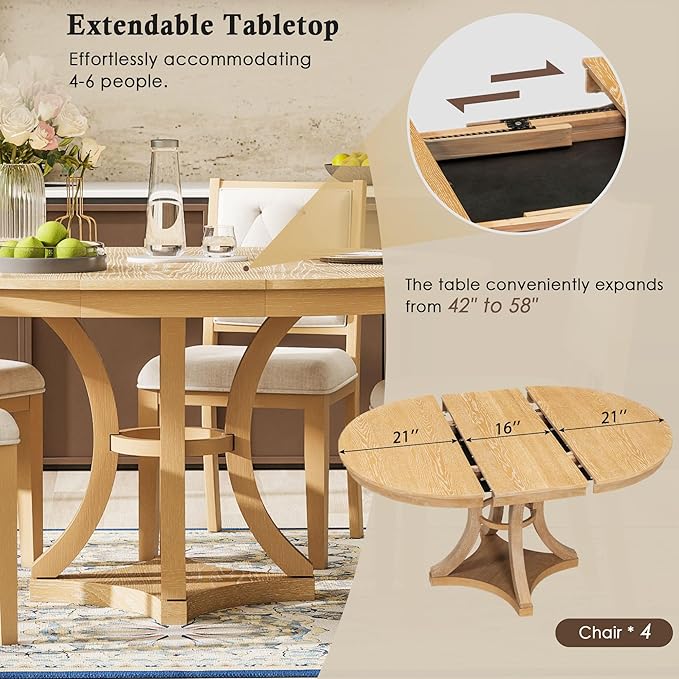 Merax 5-Piece Extendable Round Dining Table Set 42"-58" Retro Functional Table and 4 Upholstered Chairs for Dining Room and Living Room (Natural)