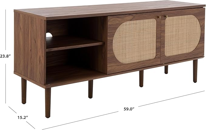 SAFAVIEH Claude TV Stand for up to 65" Flatscreen – Walnut, 2 Sliding Doors with Interior Storage, 2 Open Shelves, Entertainment Media Console (MED9610A)