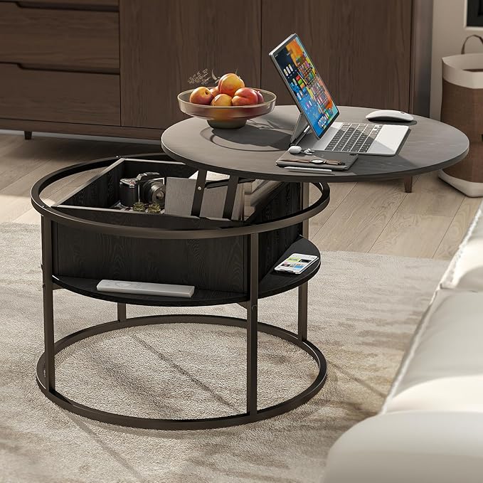Round Lift Top Coffee Table,Coffee Tables Living Room,Black Coffee Table with Storage Hidden Compartment,Wood Farmhouse Coffee Table Decor,Center Table for Living Room,Modern Coffee Table