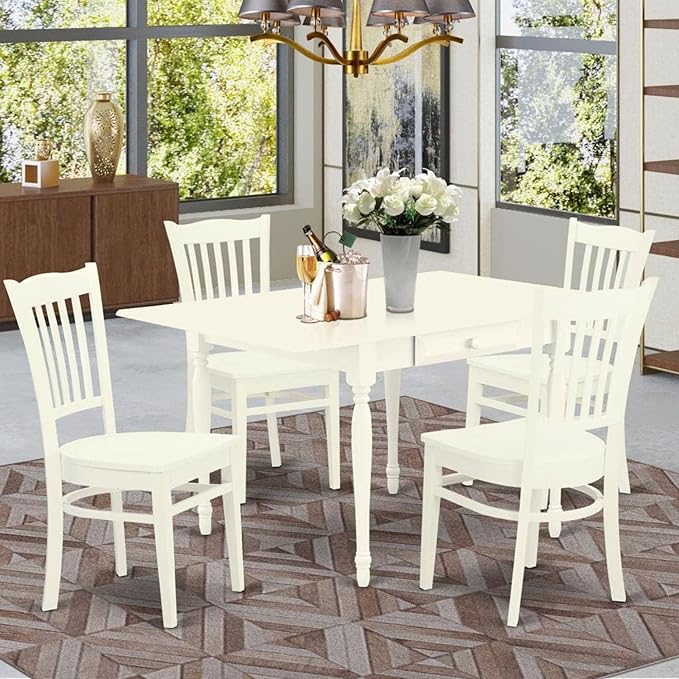 East West Furniture MZGR5-LWH-W 5 Piece Dining Set Includes a Rectangle Dining Room Table with Dropleaf and 4 Kitchen Chairs, 36x54 Inch, Linen White